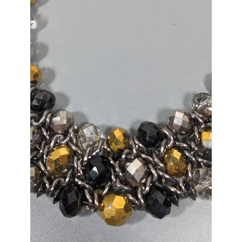 Gunmetal Gray Black Gold Glass Bead Woven Bib‎ Statement Necklace 19
